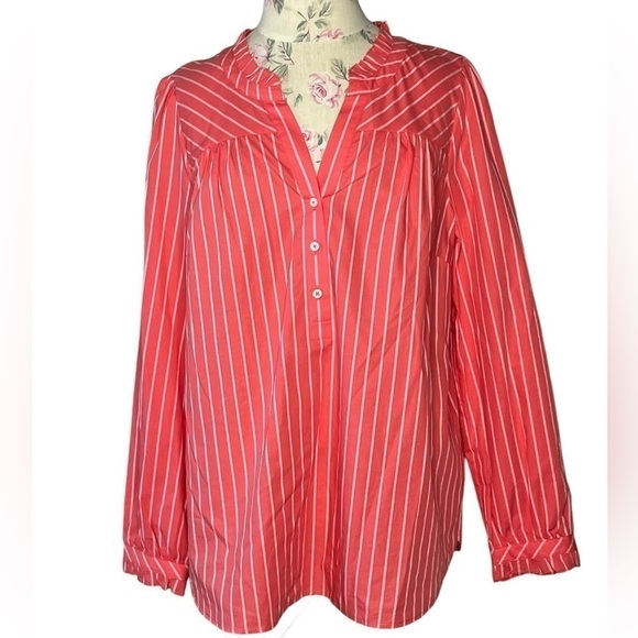 Talbots 100% cotton, coral & white pinstriped button-down ruffle trim shirt Sz L - Picture 2 of 15